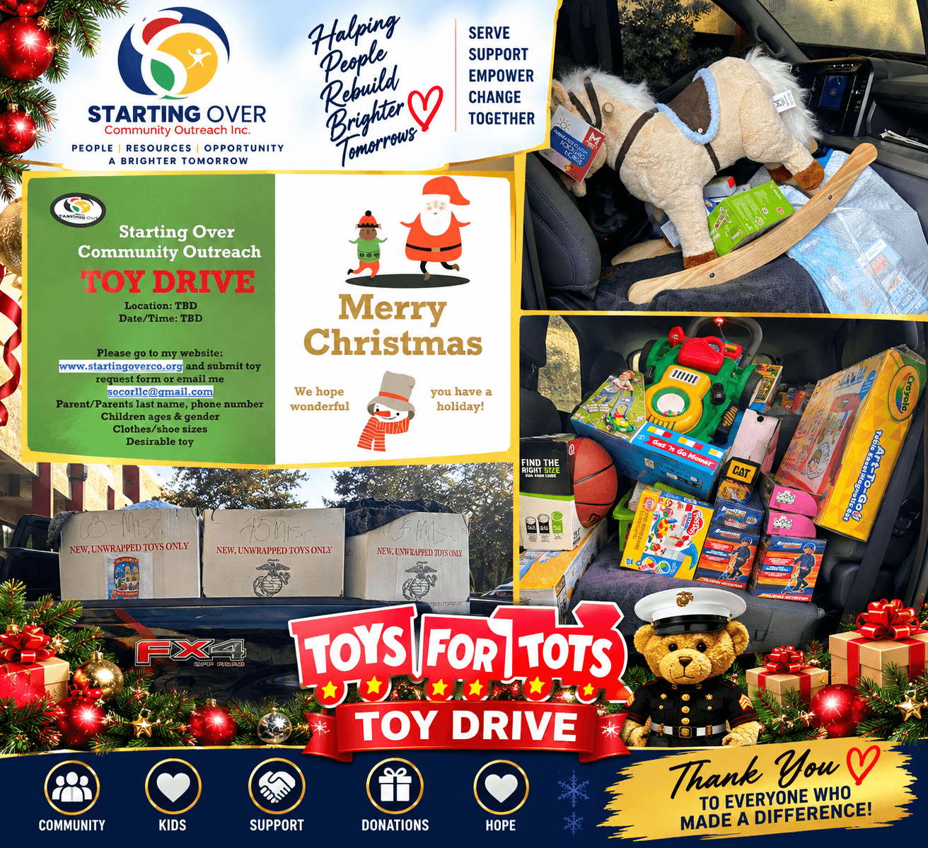 Starting Over Toys for Tots toy drive flyer