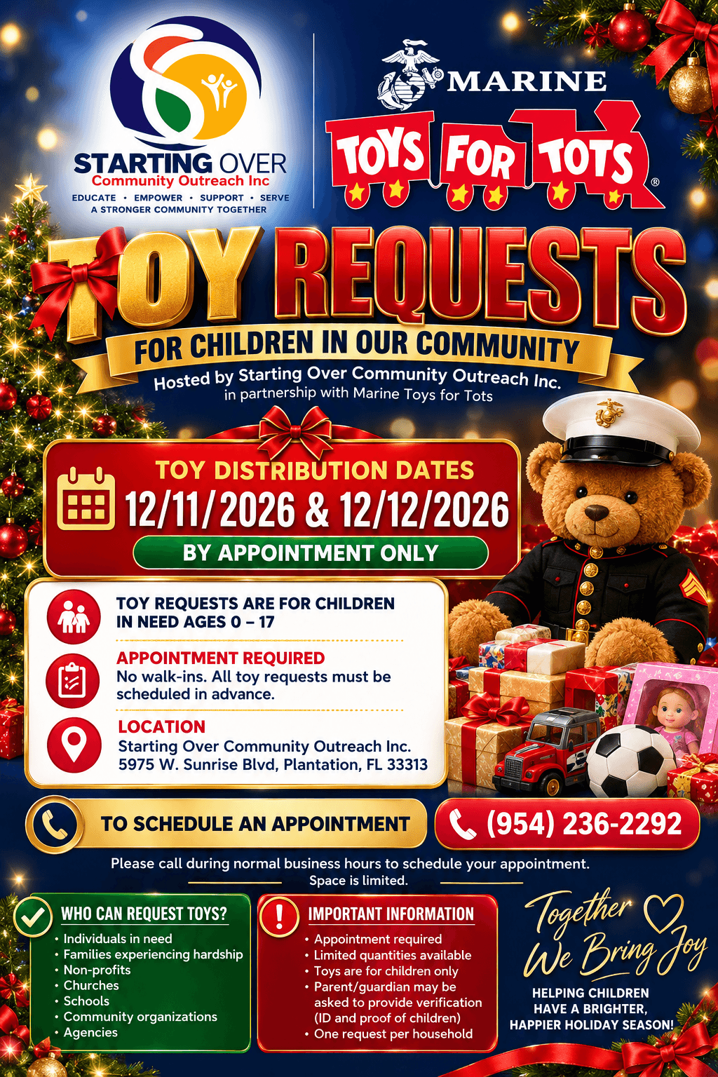 Toys for Tots toy requests flyer, December 11 and 12 2026