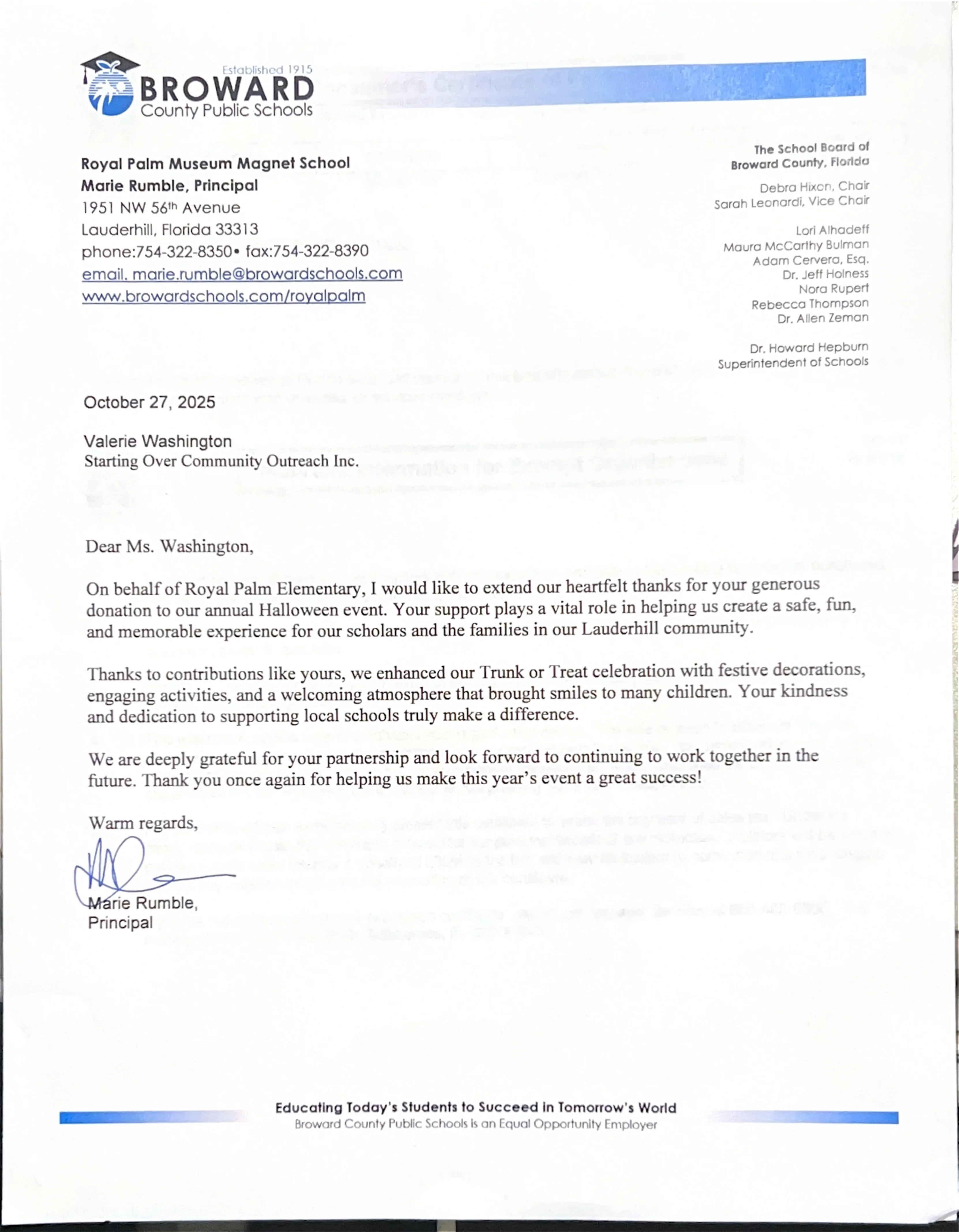 BCPS recognition letter for Halloween donation